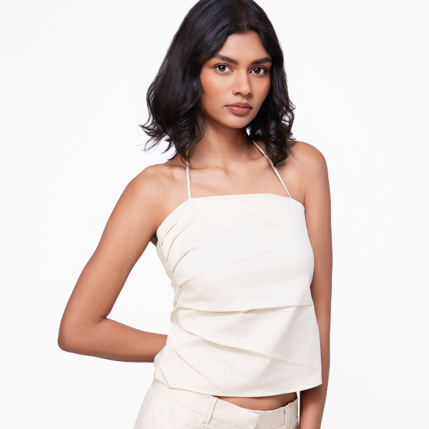 Pleated Halter Top With Tie Detail